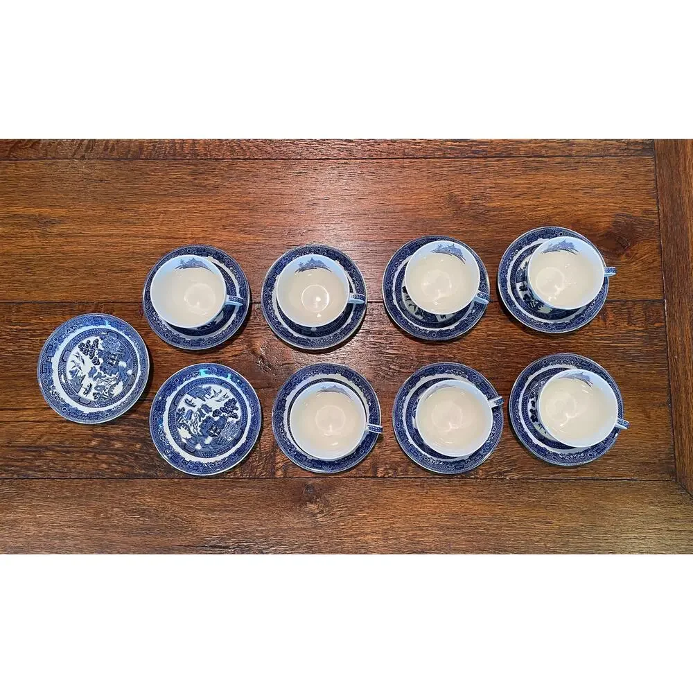 Vintage Johnson Bros. Willow Chinoiserie Teacup & Saucer, Blue, White, Set of 7